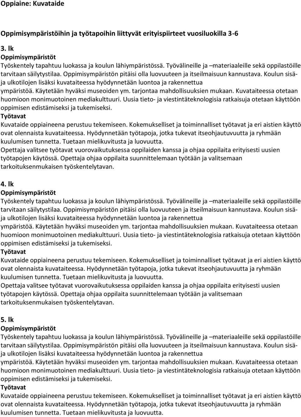 Koulun sisäja ulkotilojen lisäksi kuvataiteessa hyödynnetään luontoa ja rakennettua ympäristöä. Käytetään hyväksi museoiden ym. tarjontaa mahdollisuuksien mukaan.