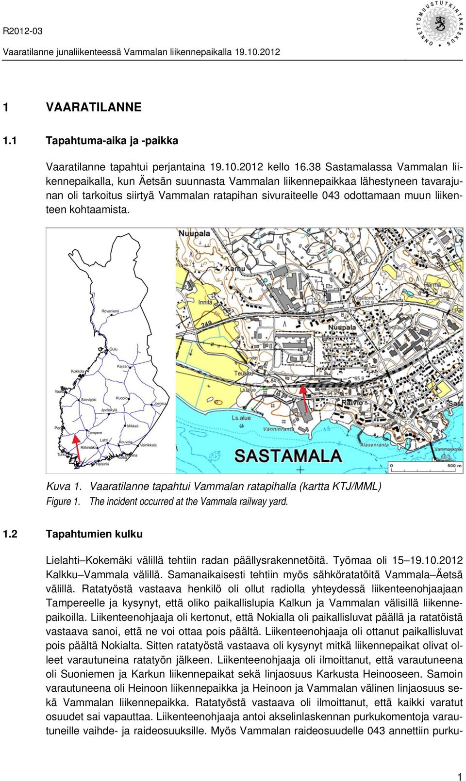 kohtaamista. Kuva 1. Vaaratilanne tapahtui Vammalan ratapihalla (kartta KTJ/MML) Figure 1. The incident occurred at the Vammala railway yard. 1.2 Tapahtumien kulku Lielahti Kokemäki välillä tehtiin radan päällysrakennetöitä.