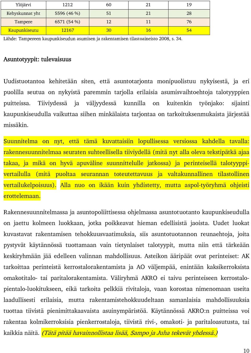 talotyyppien puitteissa. Tiiviydessä ja väljyydessä kunnilla on kuitenkin työnjako: sijainti kaupunkiseudulla vaikuttaa siihen minkälaista tarjontaa on tarkoituksenmukaista järjestää missäkin.