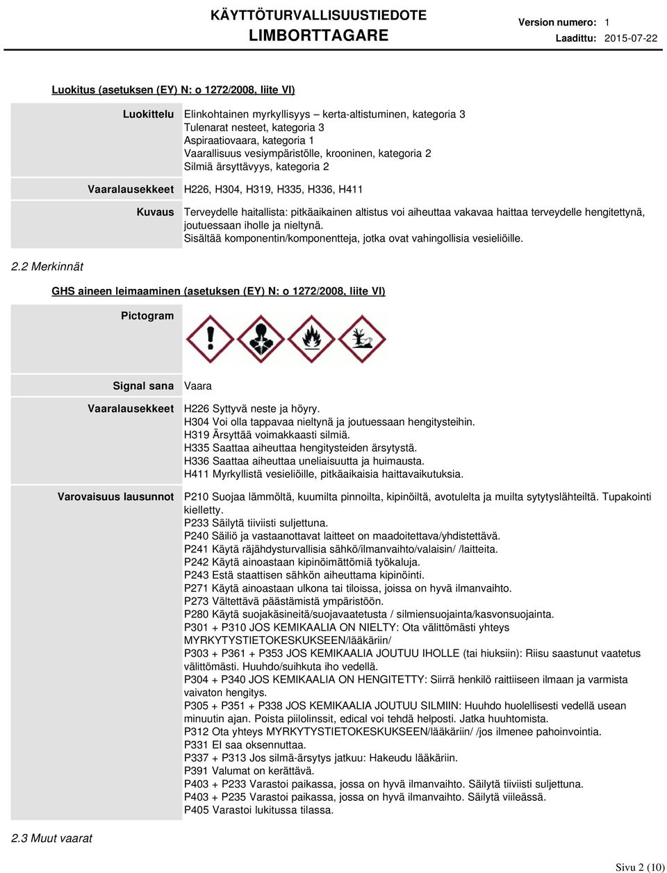 aiheuttaa vakavaa haittaa terveydelle hengitettynä, joutuessaan iholle ja nieltynä. Sisältää komponentin/komponentteja, jotka ovat vahingollisia vesieliöille. 2.