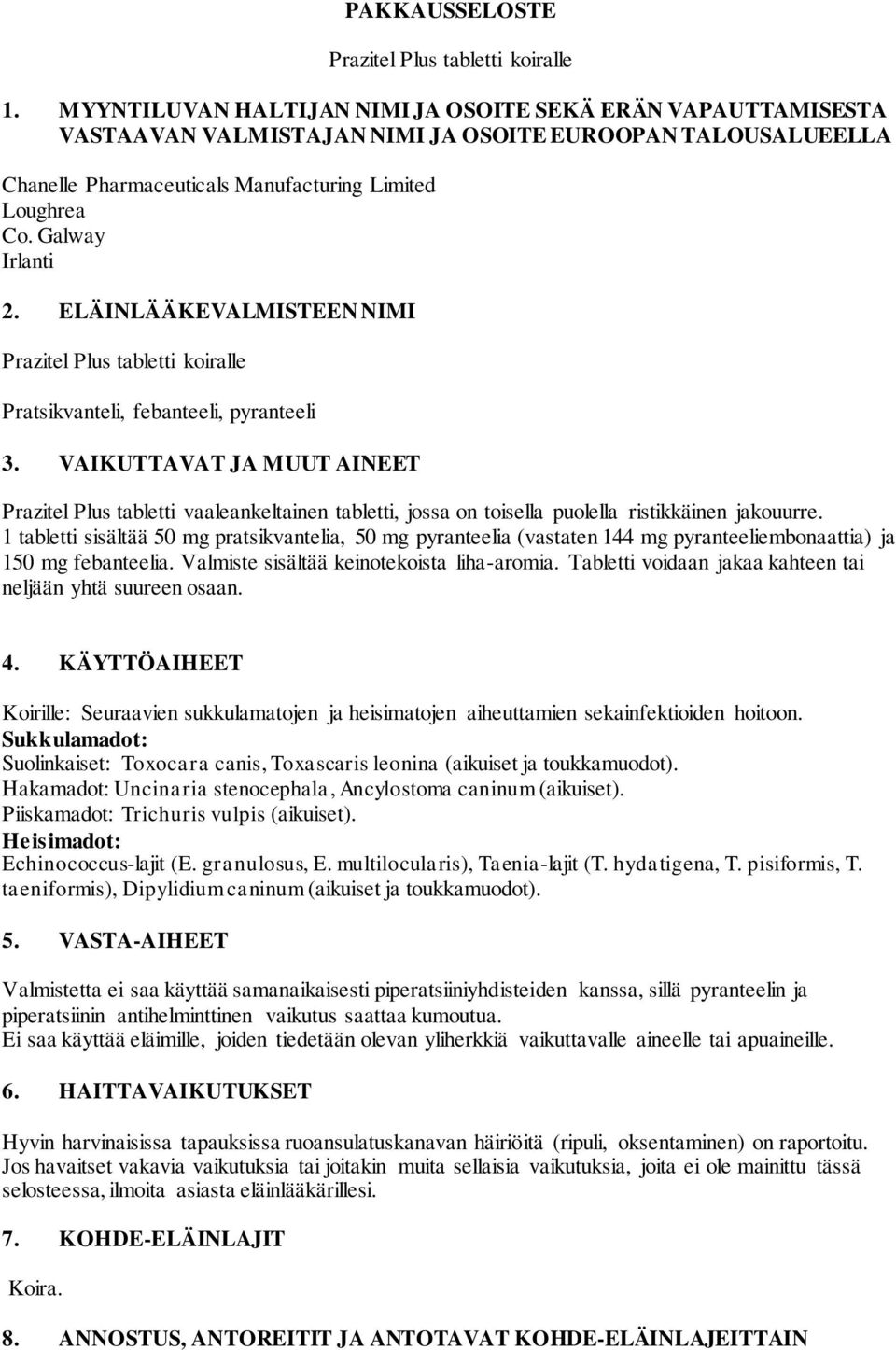 ELÄINLÄÄKEVALMISTEEN NIMI Prazitel Plus tabletti koiralle Pratsikvanteli, febanteeli, pyranteeli 3.