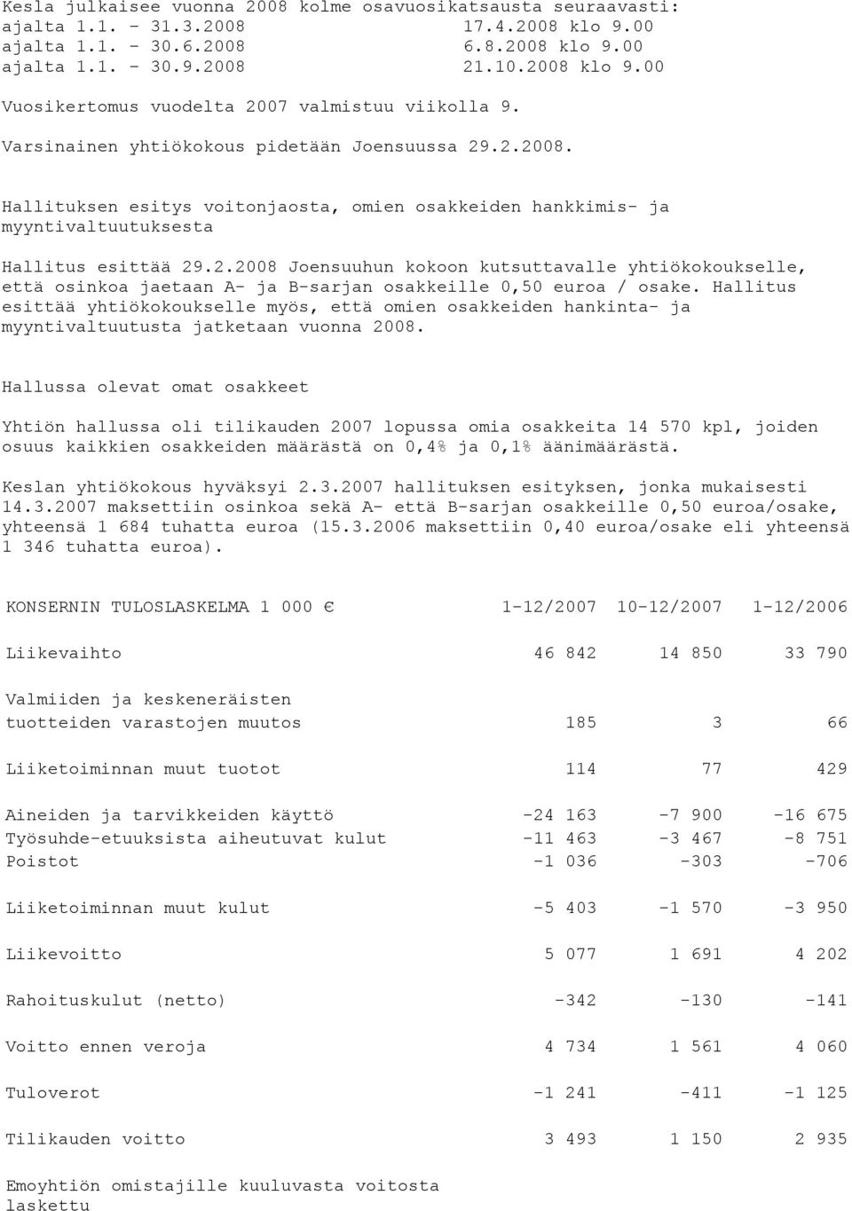 Hallitus esittää yhtiökokoukselle myös, että omien osakkeiden hankinta- ja myyntivaltuutusta jatketaan vuonna 2008.