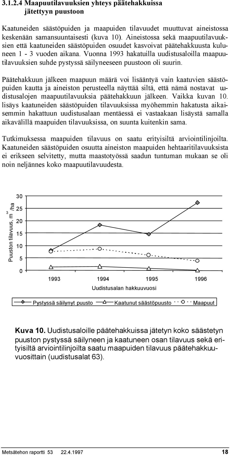 Vuonna 1993 hakatuilla uudistusaloilla maapuutilavuuksien suhde pystyssä säilyneeseen puustoon oli suurin.