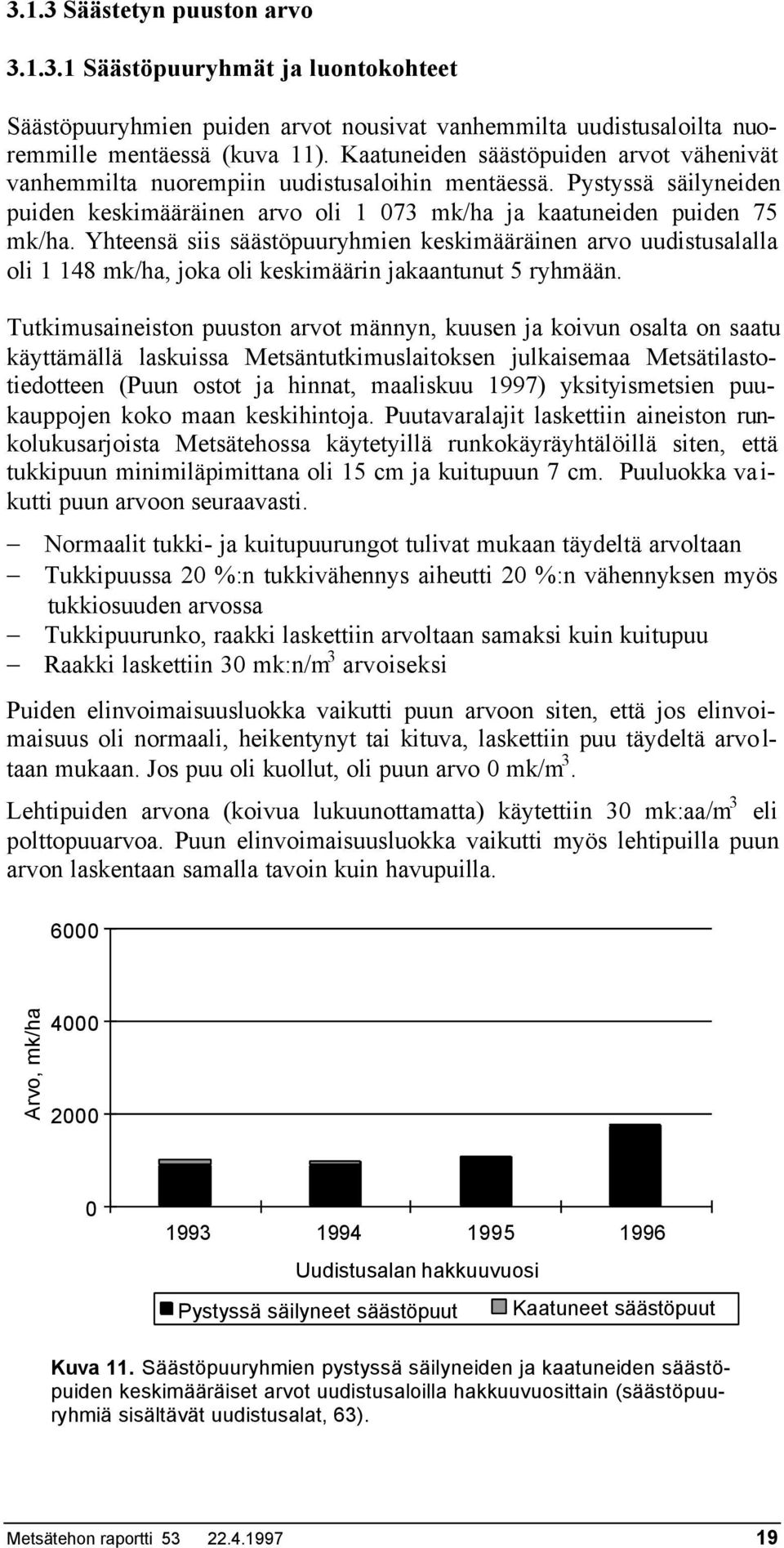 Yhteensä siis säästöpuuryhmien keskimääräinen arvo uudistusalalla oli 1 148 mk/ha, joka oli keskimäärin jakaantunut 5 ryhmään.