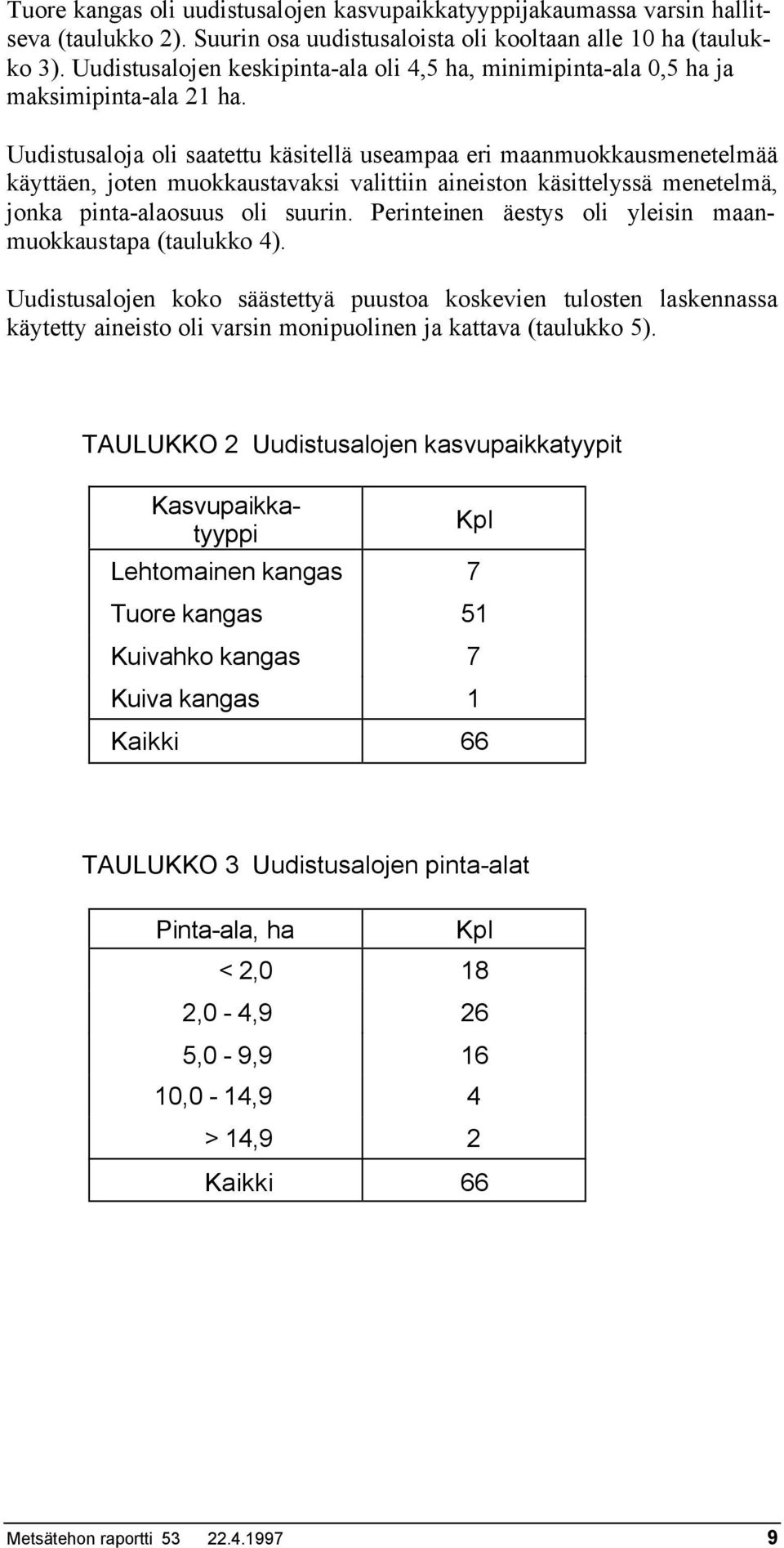 Uudistusaloja oli saatettu käsitellä useampaa eri maanmuokkausmenetelmää käyttäen, joten muokkaustavaksi valittiin aineiston käsittelyssä menetelmä, jonka pinta-alaosuus oli suurin.