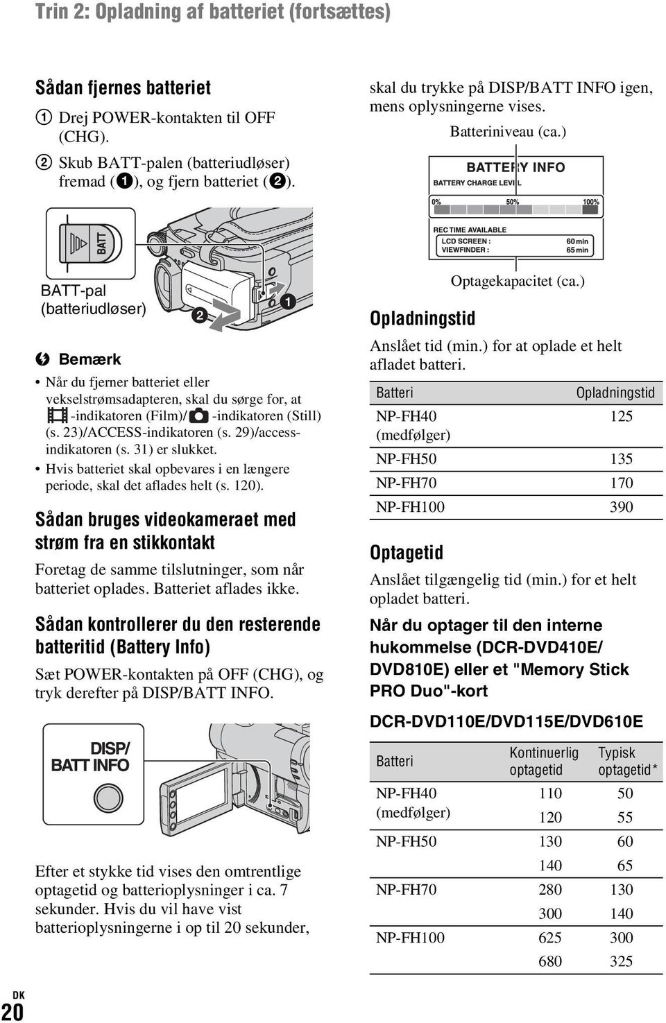 ) BATT-pal (batteriudløser) b Bemærk Når du fjerner batteriet eller vekselstrømsadapteren, skal du sørge for, at -indikatoren (Film)/ -indikatoren (Still) (s. 23)/ACCESS-indikatoren (s.