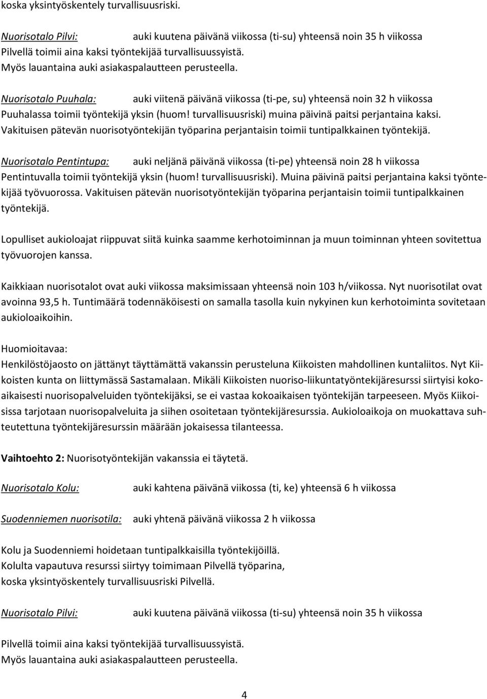 turvallisuusriski) muina päivinä paitsi perjantaina kaksi. Vakituisen pätevän nuorisotyöntekijän työparina perjantaisin toimii tuntipalkkainen työntekijä.