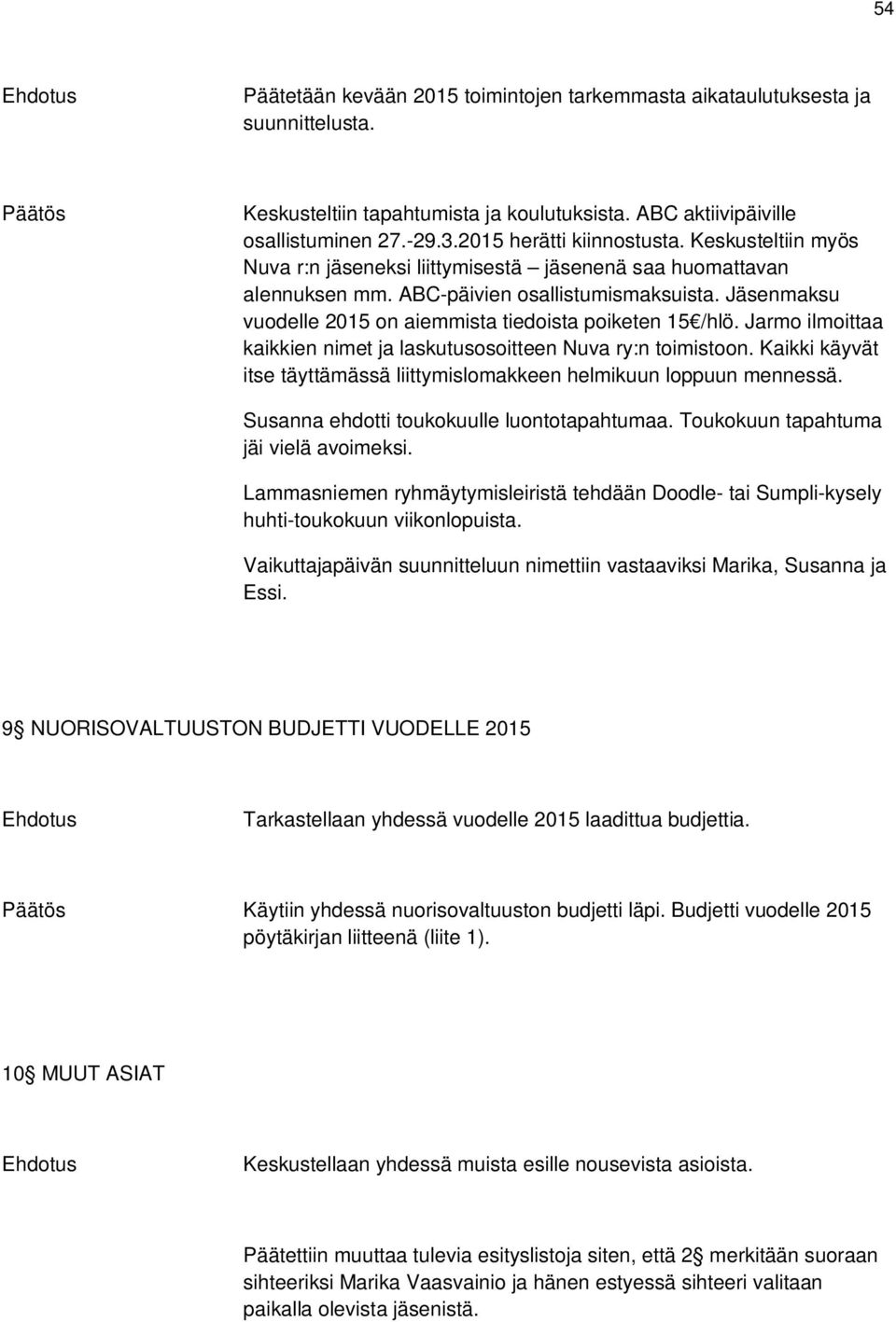 Jäsenmaksu vuodelle 2015 on aiemmista tiedoista poiketen 15 /hlö. Jarmo ilmoittaa kaikkien nimet ja laskutusosoitteen Nuva ry:n toimistoon.