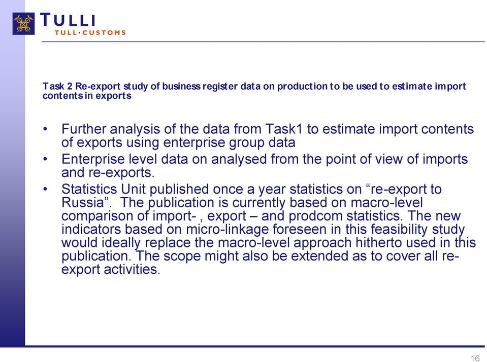 Statistics Unit published once a year statistics on re-export to Russia. The publication is currently based on macro-level comparison of import-, export and prodcom statistics.