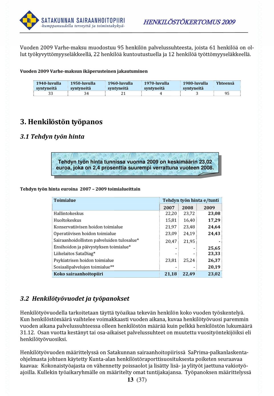 Henkilöstön työpanos 3.1 Tehdyn työn hinta Tehdyn työn hinta tunnissa vuonna 2009 on keskimäärin 23,02 euroa, joka on 2,4 prosenttia suurempi verrattuna vuoteen 2008.