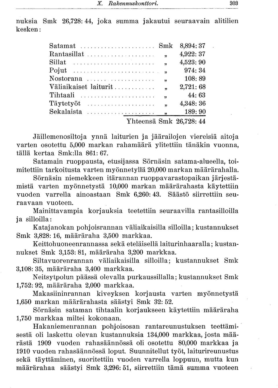 laiturien ja jäärailojen viereisiä aitoja varten osotettu 5,000 markan rahamäärä ylitettiin tänäkin vuonna, tällä kertaa Smk:lla 861: 67.