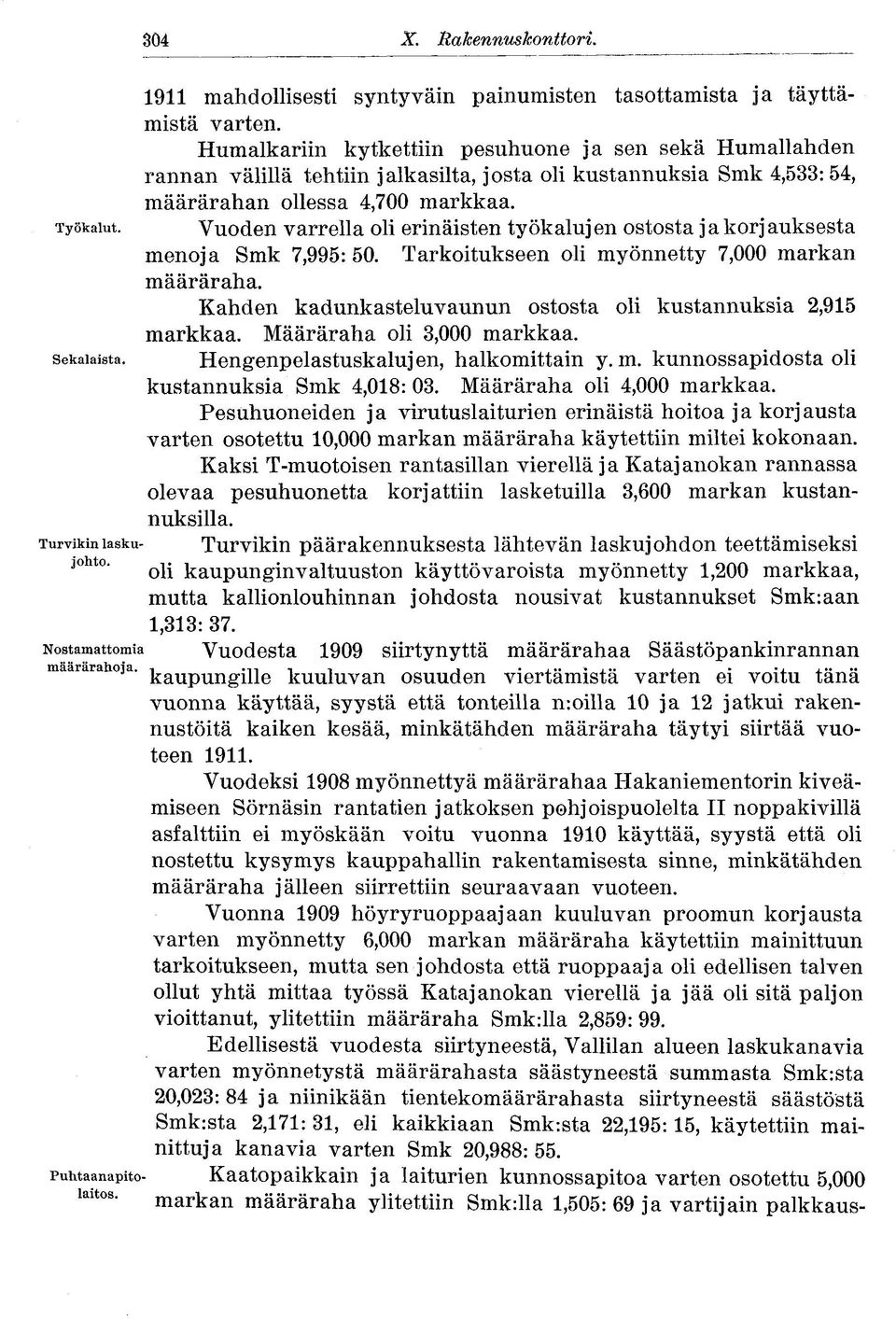 Vuoden varrella oli erinäisten työkalujen ostosta ja korjauksesta menoja Smk 7,995: 50. Tarkoitukseen oli myönnetty 7,000 markan määräraha.