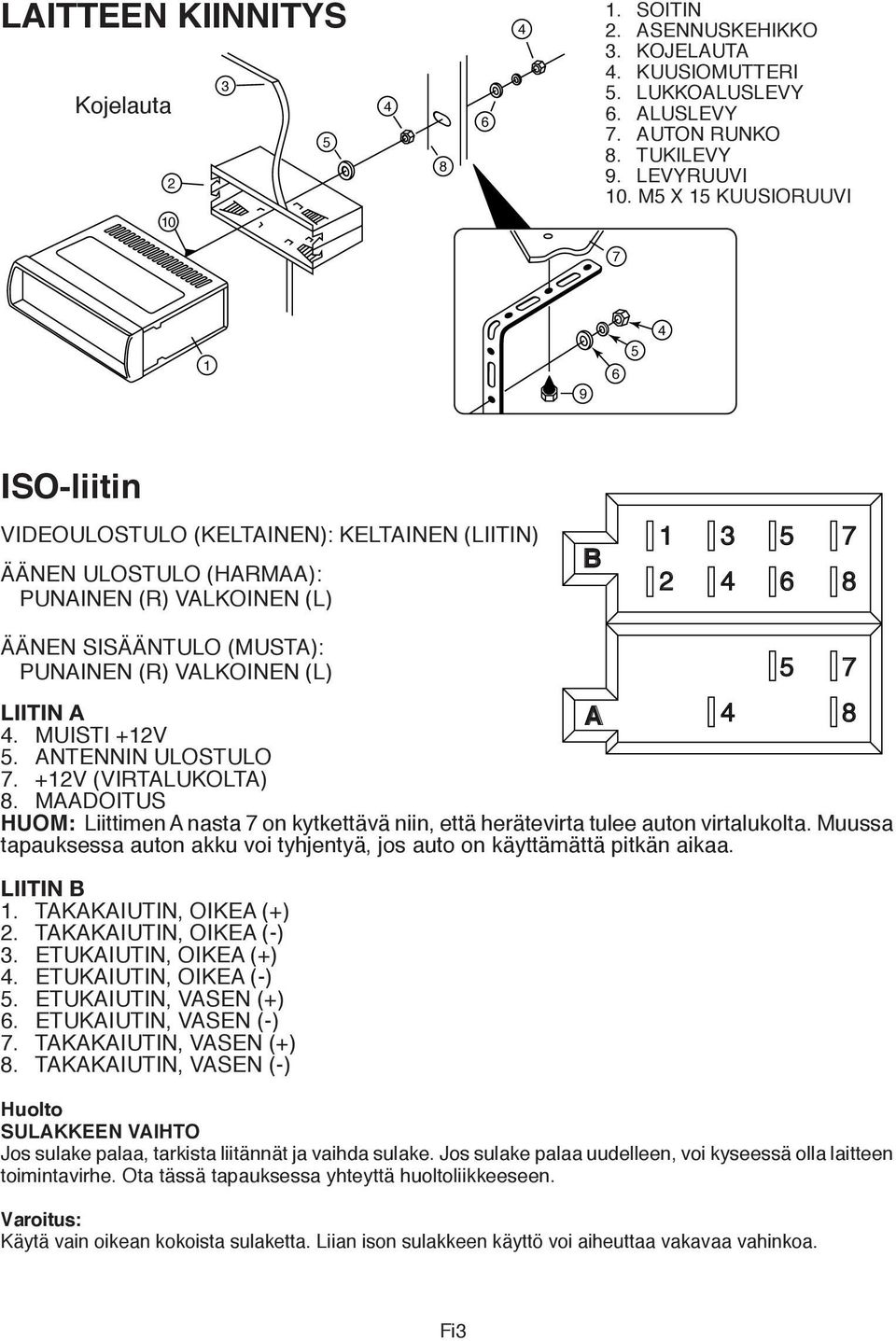 VALKOINEN (L) LIITIN A 4. MUISTI +12V 5. ANTENNIN ULOSTULO 7. +12V (VIRTALUKOLTA) 8. MAADOITUS A 4 8 HUOM: Liittimen A nasta 7 on kytkettävä niin, että herätevirta tulee auton virtalukolta.