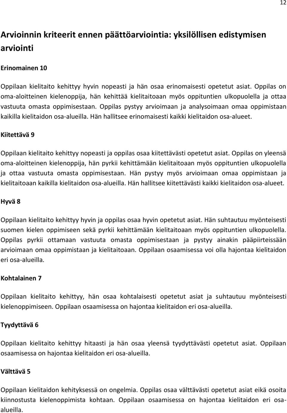 Oppilas pystyy arvioimaan ja analysoimaan omaa oppimistaan kaikilla kielitaidon osa-alueilla. Hän hallitsee erinomaisesti kaikki kielitaidon osa-alueet.