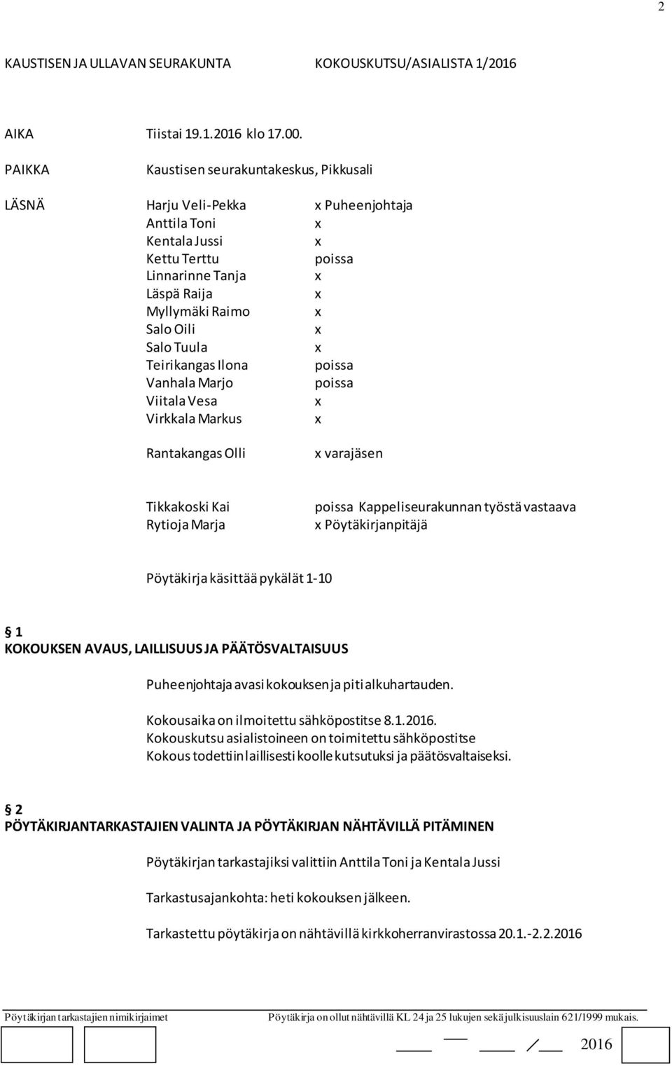 Teirikangas Ilona poissa Vanhala Marjo poissa Viitala Vesa Virkkala Markus Rantakangas Olli varajäsen Tikkakoski Kai Rytioja Marja poissa Kappeliseurakunnan työstä vastaava Pöytäkirjanpitäjä