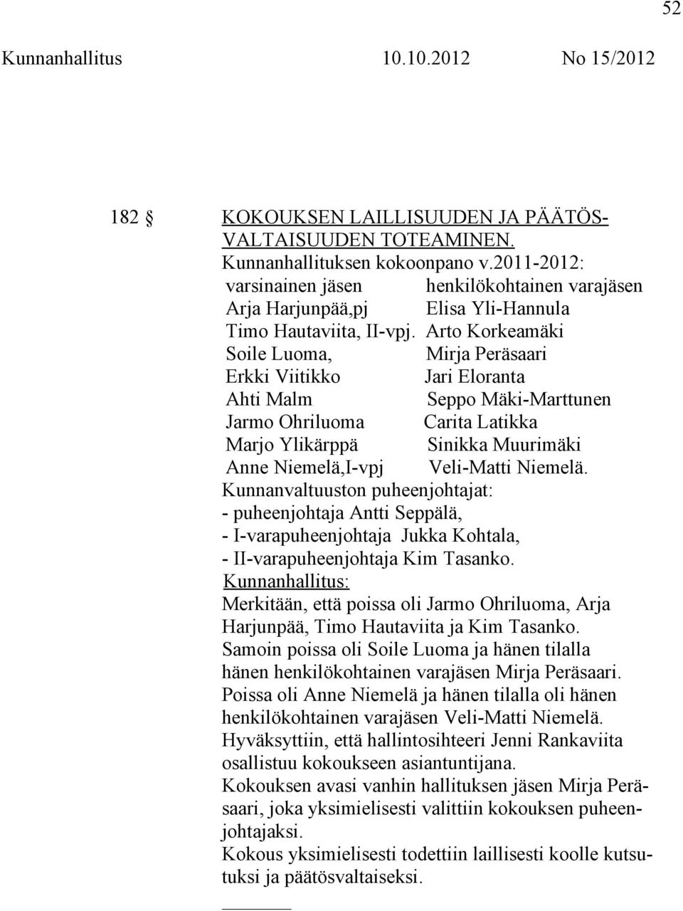 Arto Korkeamäki Soile Luoma, Mirja Peräsaari Erkki Viitikko Jari Eloranta Ahti Malm Seppo Mäki-Marttunen Jarmo Ohriluoma Carita Latikka Marjo Ylikärppä Sinikka Muurimäki Anne Niemelä,I-vpj Veli-Matti