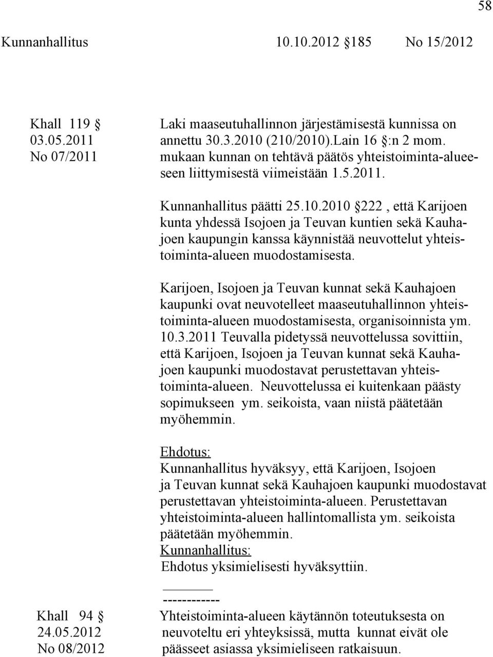 2010 222, että Karijoen kunta yhdessä Isojoen ja Teuvan kuntien sekä Kauhajoen kaupungin kanssa käynnistää neuvottelut yhteistoiminta-alueen muodostamisesta.