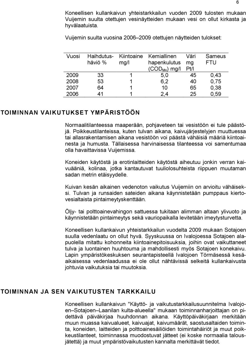 1 6,2 40 0,75 2007 64 1 10 65 0,38 2006 41 1 2,4 25 0,59 TOIMINNAN VAIKUTUKSET YMPÄRISTÖÖN Normaalitilanteessa maaperään, pohjaveteen tai vesistöön ei tule päästöjä.