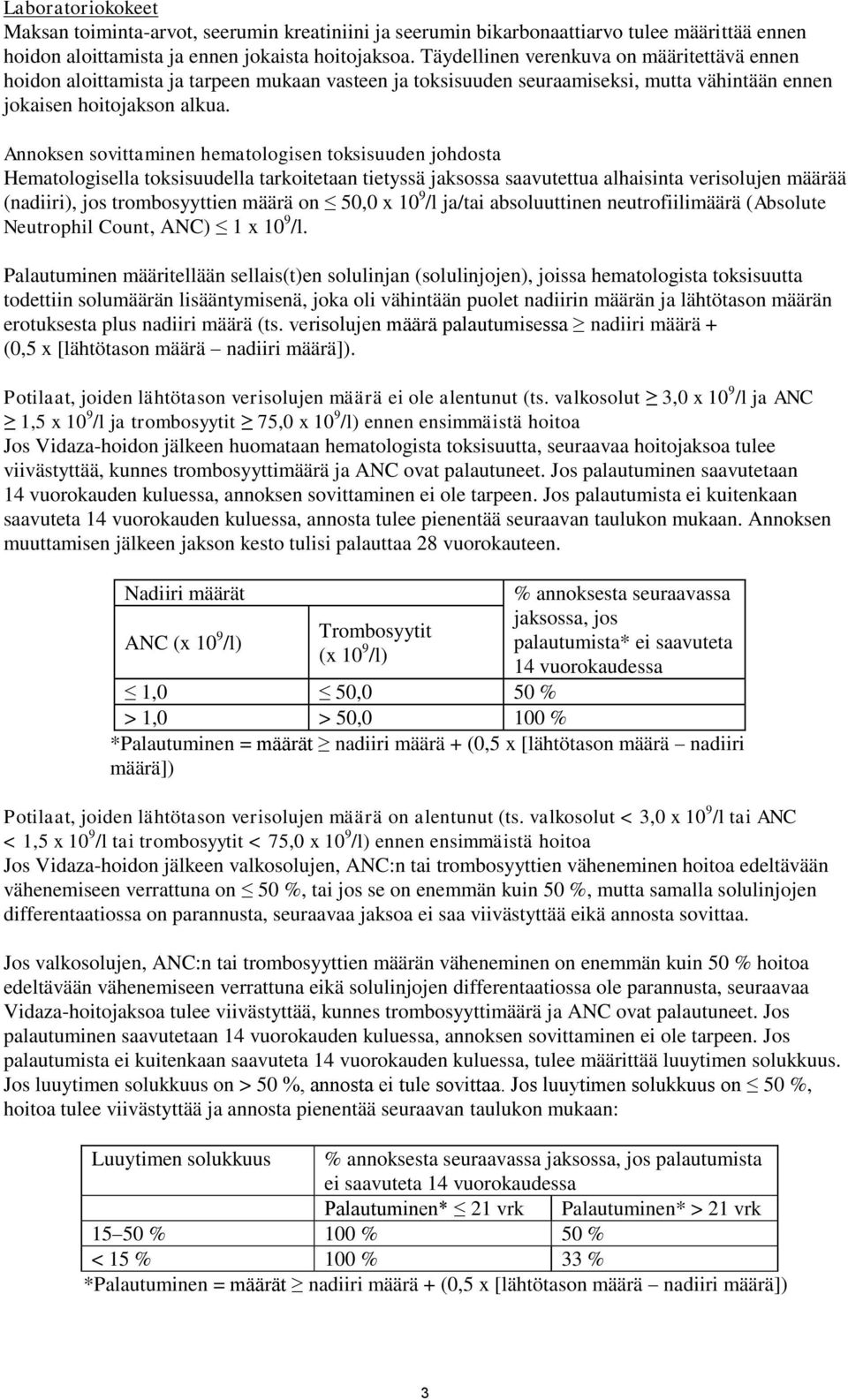 Annoksen sovittaminen hematologisen toksisuuden johdosta Hematologisella toksisuudella tarkoitetaan tietyssä jaksossa saavutettua alhaisinta verisolujen määrää (nadiiri), jos trombosyyttien määrä on