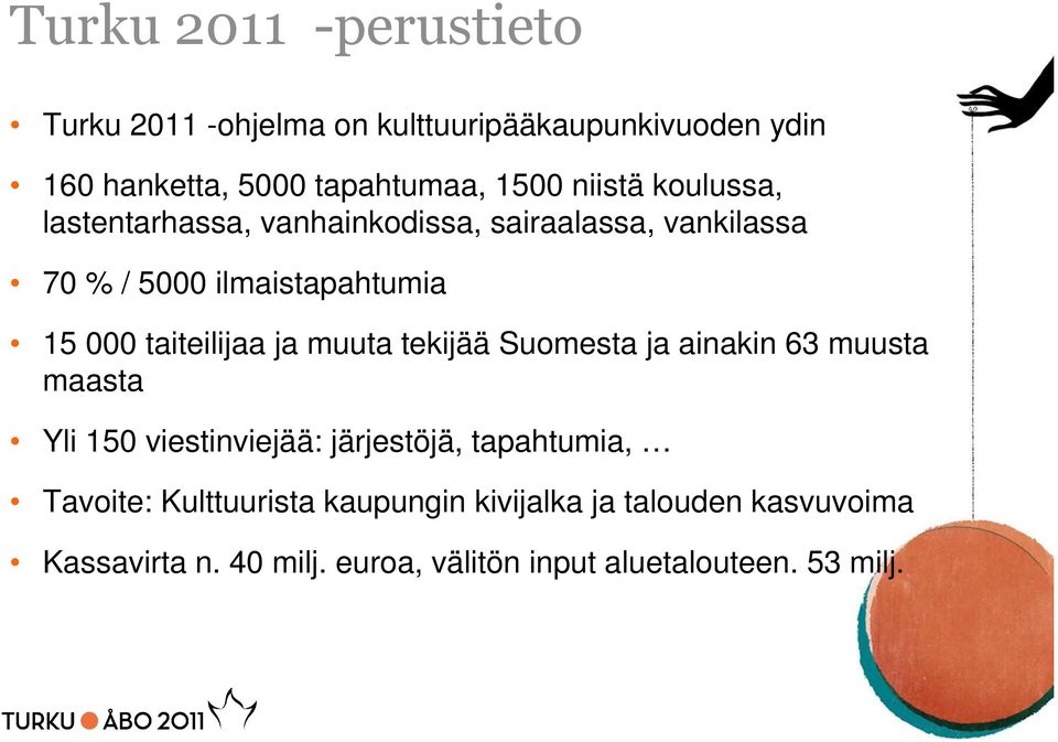 taiteilijaa ja muuta tekijää Suomesta ja ainakin 63 muusta maasta Yli 150 viestinviejää: järjestöjä, tapahtumia,