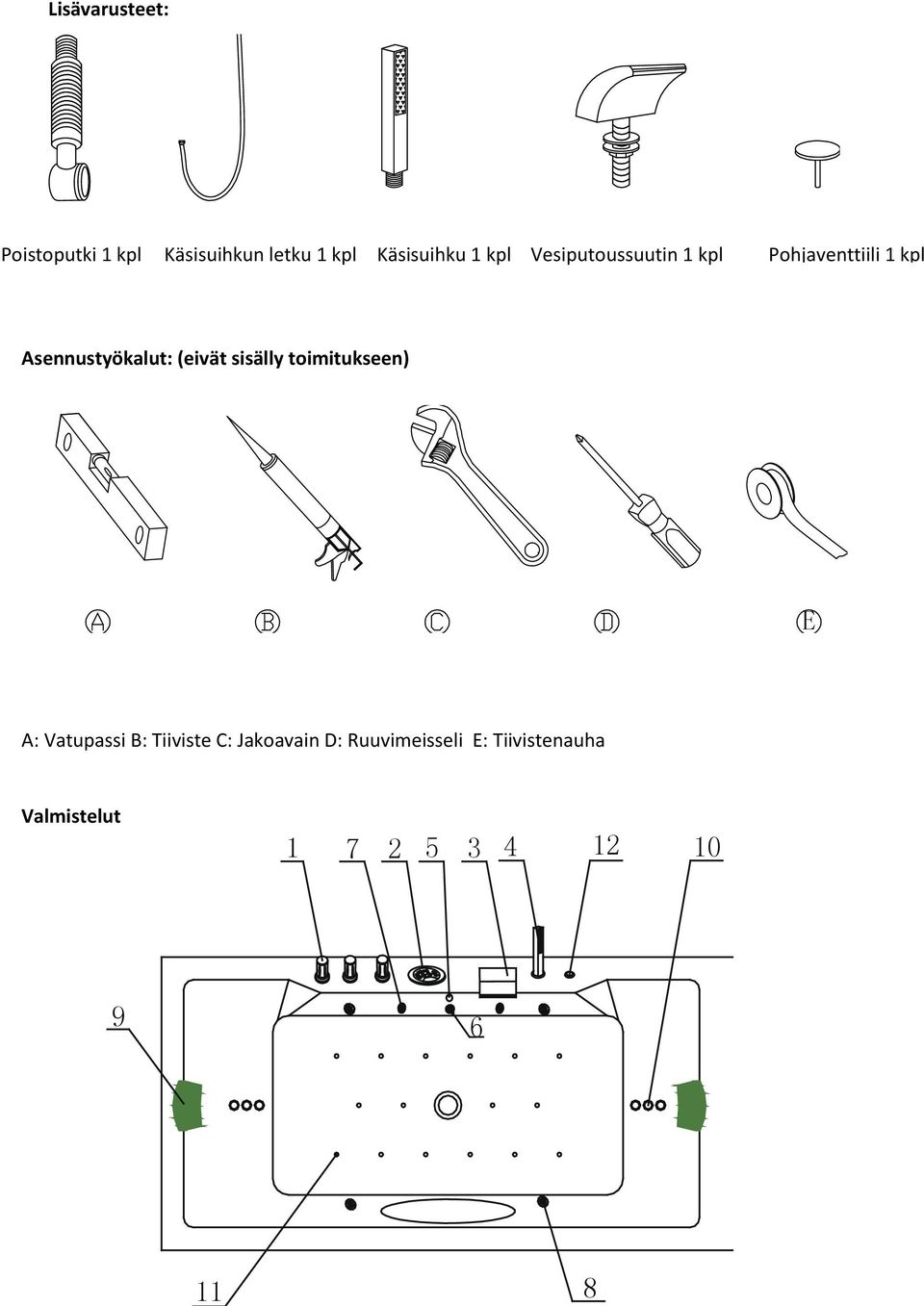 (eivät sisälly toimitukseen) E A: Vatupassi B: Tiiviste C: Jakoavain