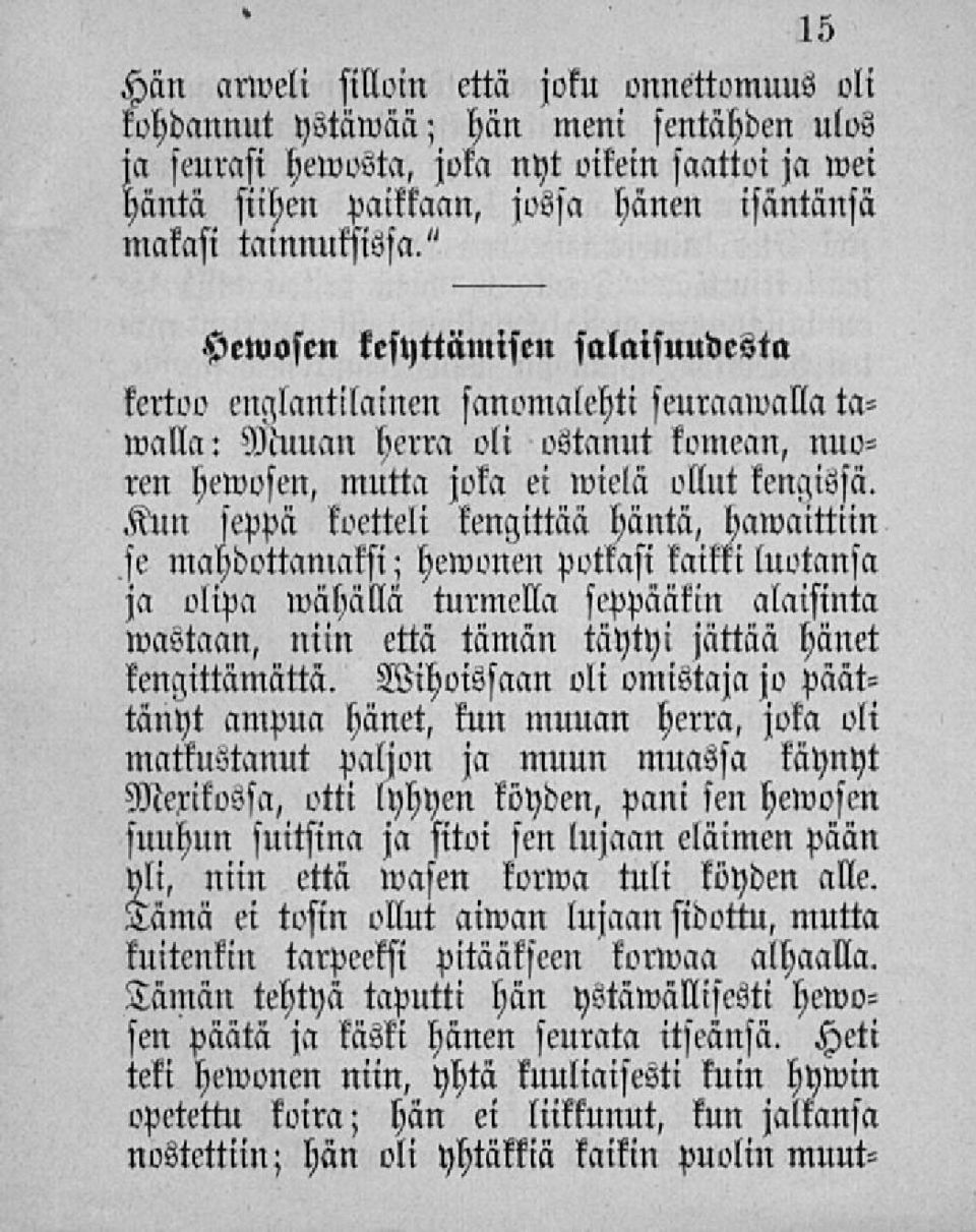 Kun seppä koetteli kengittää häntä, hawaittiin se mahoottamnksi; hewonen potkasi kaikki luotansa ja olipa»vähällä turmella seppääkin alaisinta wastaan, niin että tämän täytyi jättää hänet