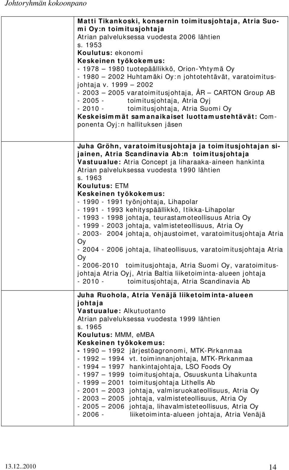 1999 2002-2003 2005 varatoimitusjohtaja, ÅR CARTON Group AB - 2005 - toimitusjohtaja, Atria Oyj - 2010 - toimitusjohtaja, Atria Suomi Oy Keskeisimmät samanaikaiset luottamustehtävät: Componenta Oyj:n