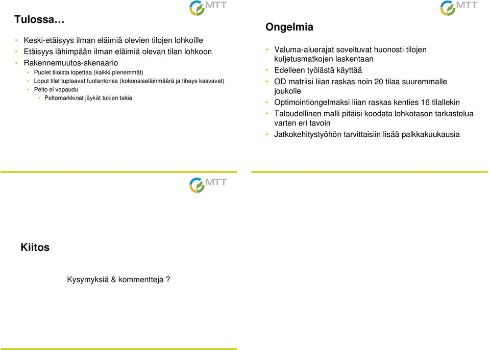 huonosti tilojen kuljetusmatkojen laskentaan Edelleen työlästä käyttää OD matriisi liian raskas noin 2 tilaa suuremmalle joukolle Optimointiongelmaksi liian raskas kenties 16