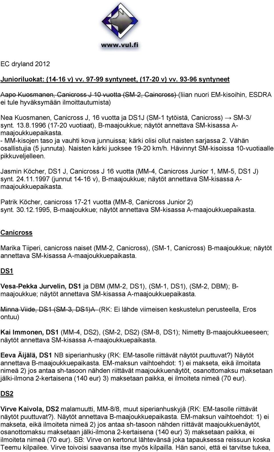 tytöistä, Canicross) SM-3/ synt. 13.8.1996 (17-20 vuotiaat), B-maajoukkue; näytöt annettava SM-kisassa A- maajoukkuepaikasta.