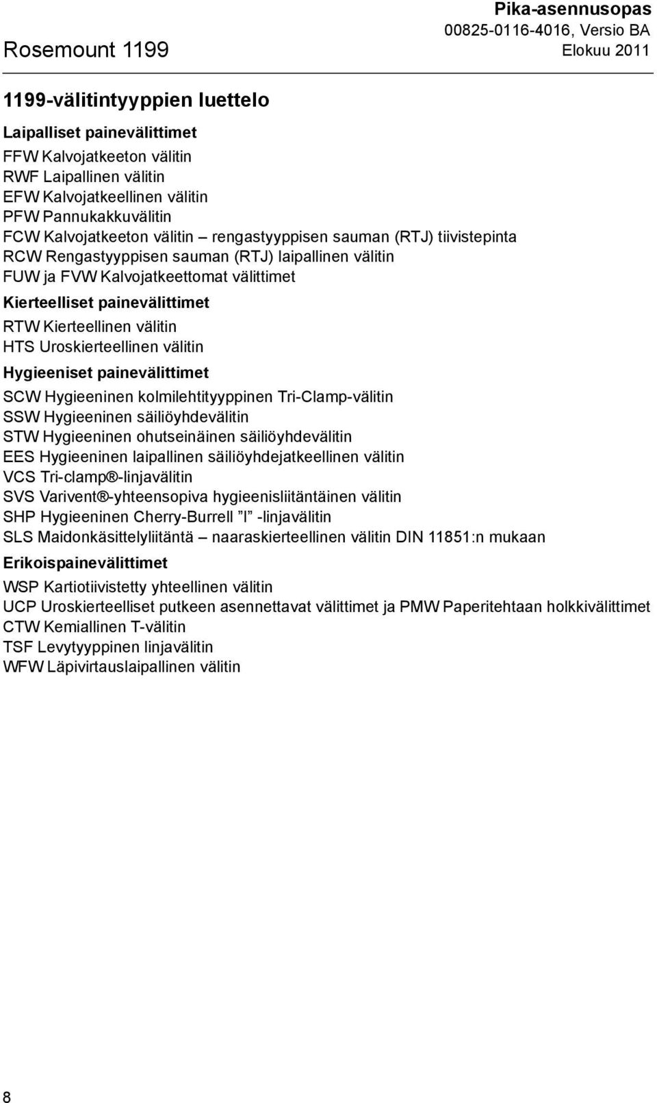 painevälittimet RTW Kierteellinen välitin HTS Uroskierteellinen välitin Hygieeniset painevälittimet SCW Hygieeninen kolmilehtityyppinen Tri-Clamp-välitin SSW Hygieeninen säiliöyhdevälitin STW