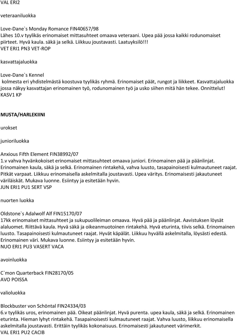 Kasvattajaluokka jossa näkyy kasvattajan erinomainen työ, rodunomainen työ ja usko siihen mitä hän tekee. Onnittelut! KASV1 KP MUSTA/HARLEKIINI urokset Anxious Fifth Element FIN38992/07 1.