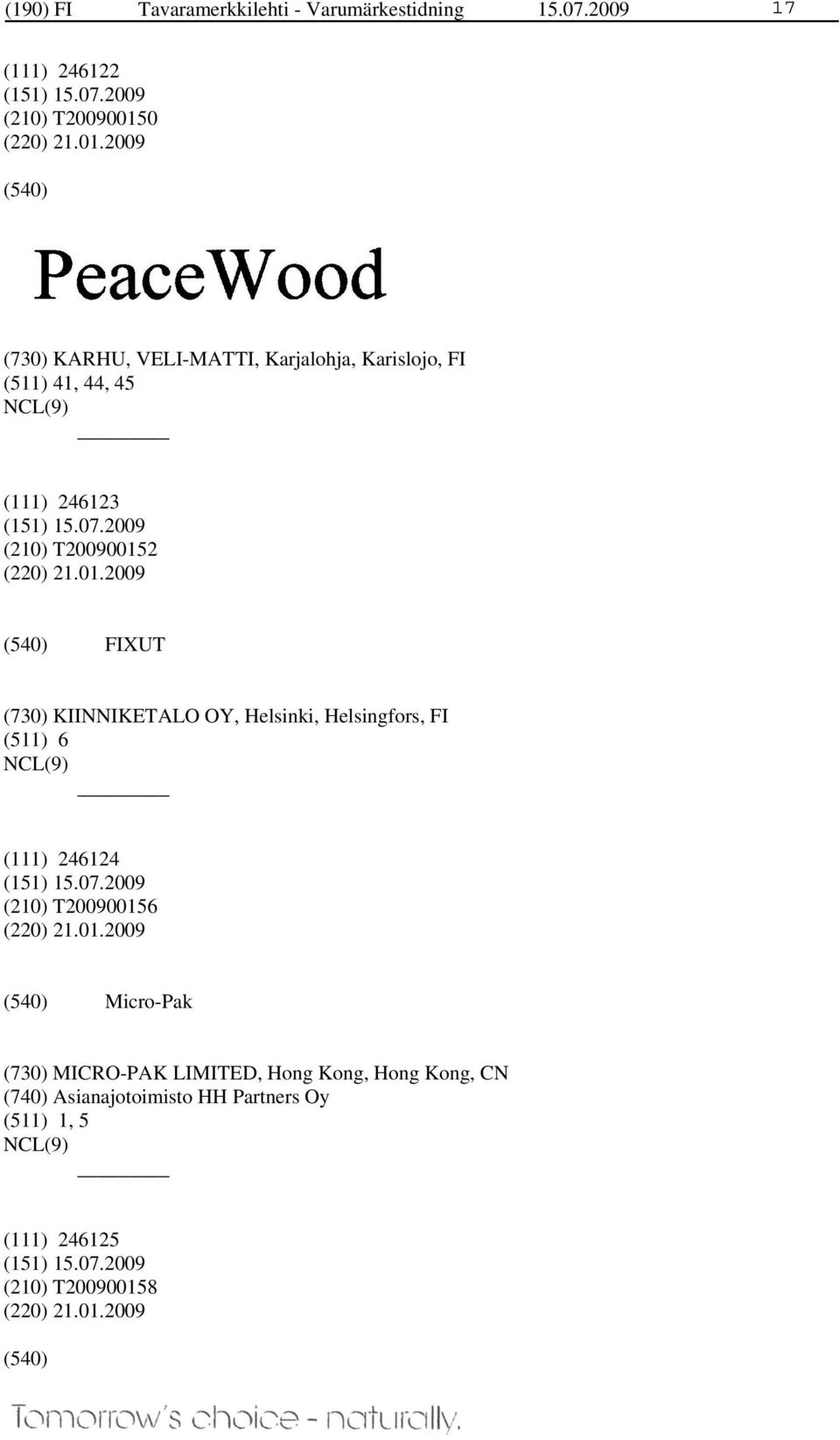 2009 (730) KARHU, VELI-MATTI, Karjalohja, Karislojo, FI (511) 41, 44, 45 (111) 246123 (210) T20090015