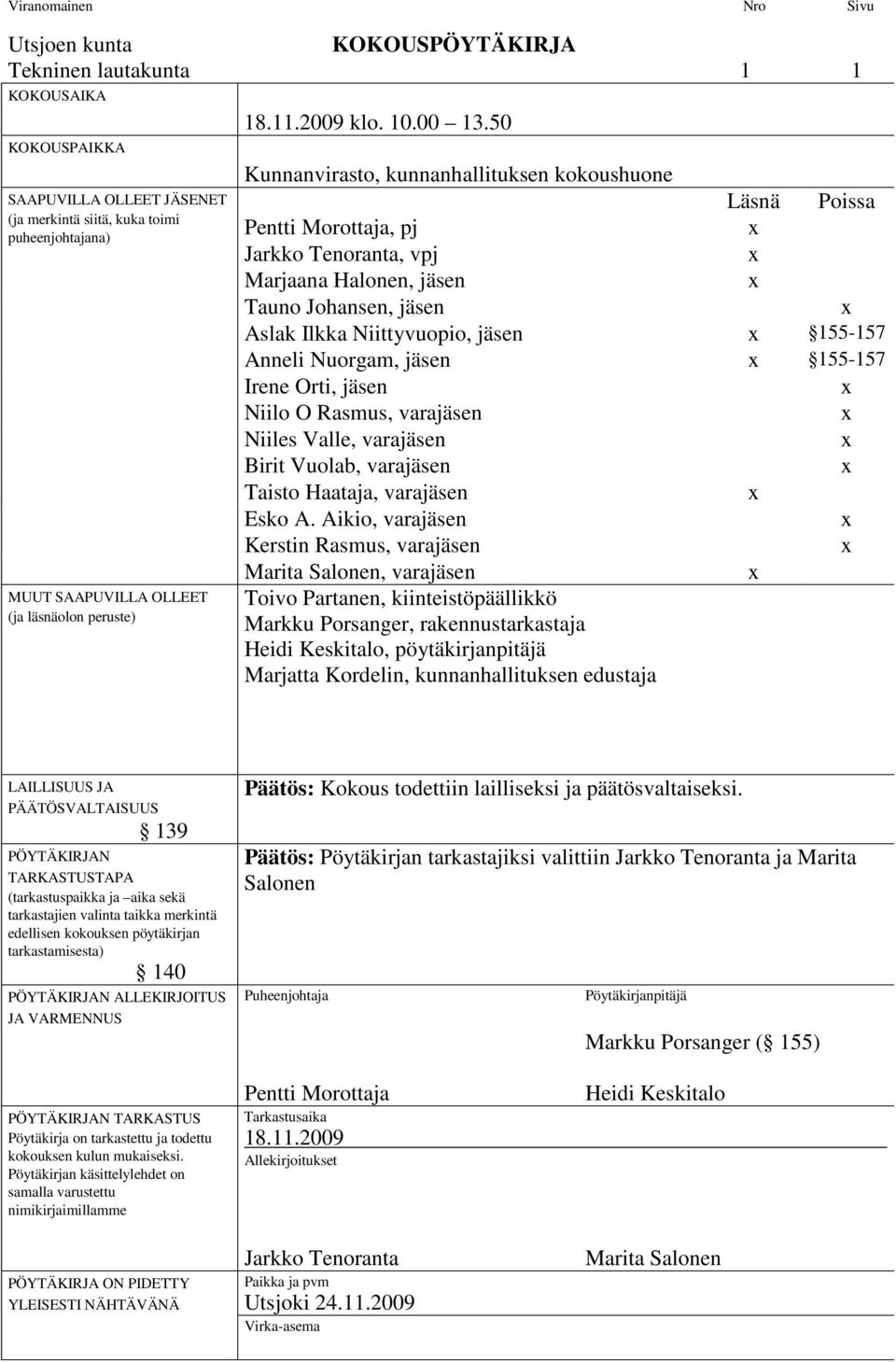 50 Kunnanvirasto, kunnanhallituksen kokoushuone Läsnä Poissa Pentti Morottaja, pj x Jarkko Tenoranta, vpj x Marjaana Halonen, jäsen x Tauno Johansen, jäsen x Aslak Ilkka Niittyvuopio, jäsen x 155-157