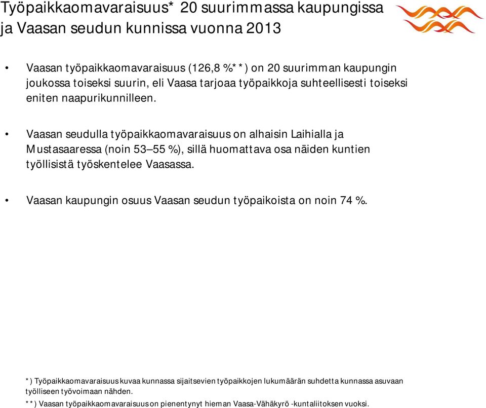 Vaasan seudulla työpaikkaomavaraisuus on alhaisin Laihialla ja Mustasaaressa (noin 53 55 %), sillä huomattava osa näiden kuntien työllisistä työskentelee Vaasassa.