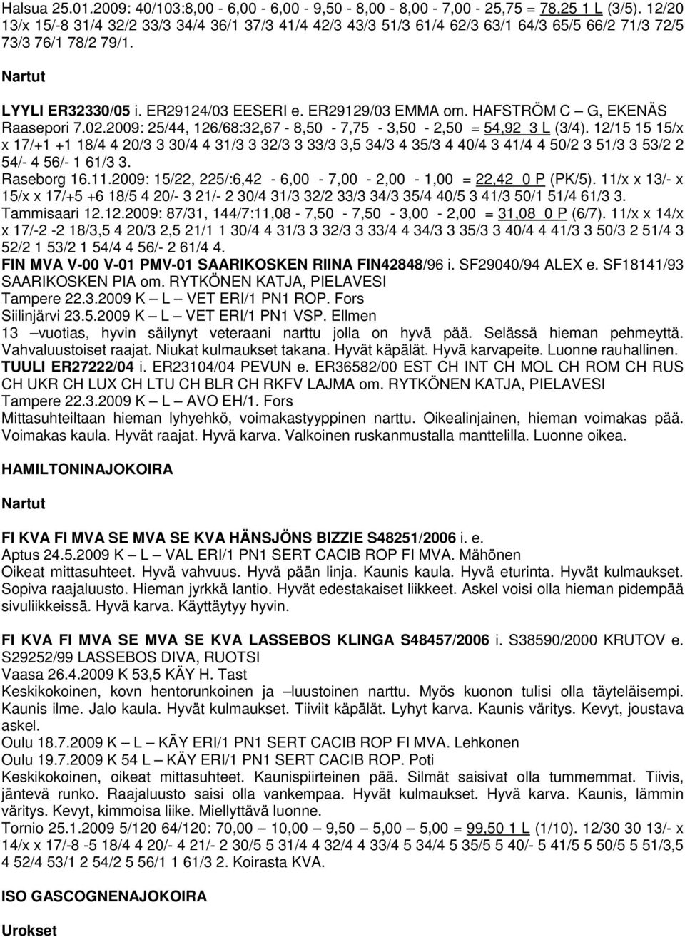 HAFSTRÖM C G, EKENÄS Raasepori 7.02.2009: 25/44, 126/68:32,67-8,50-7,75-3,50-2,50 = 54,92 3 L (3/4).