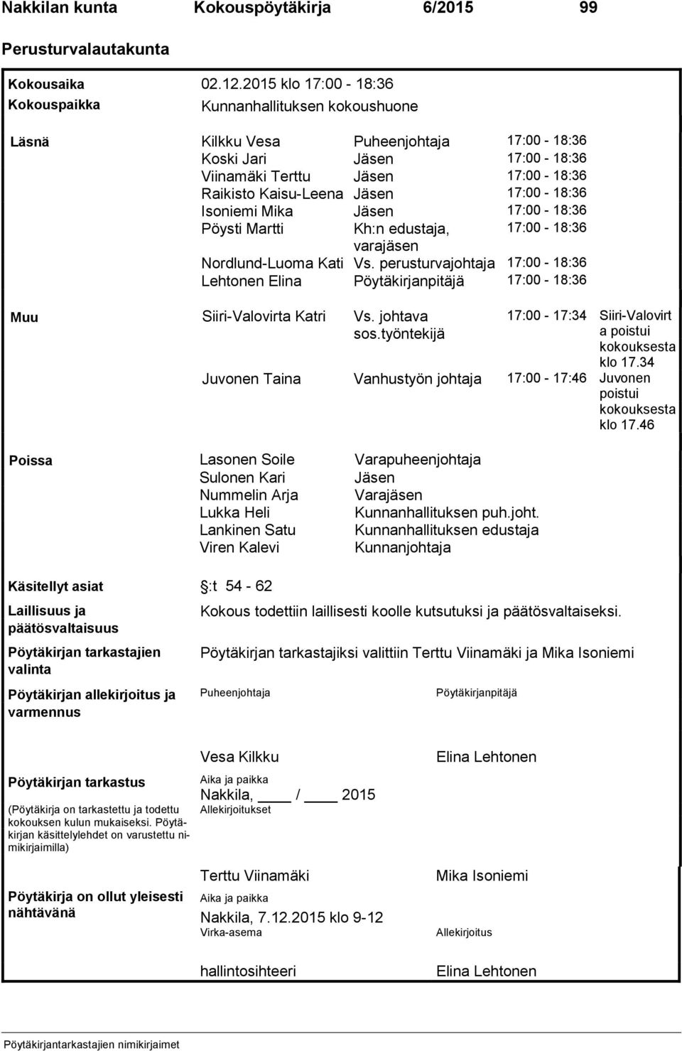 17:00 18:36 Isoniemi Mika Jäsen 17:00 18:36 Pöysti Martti Kh:n edustaja, 17:00 18:36 varajäsen Nordlund Luoma Kati Vs.