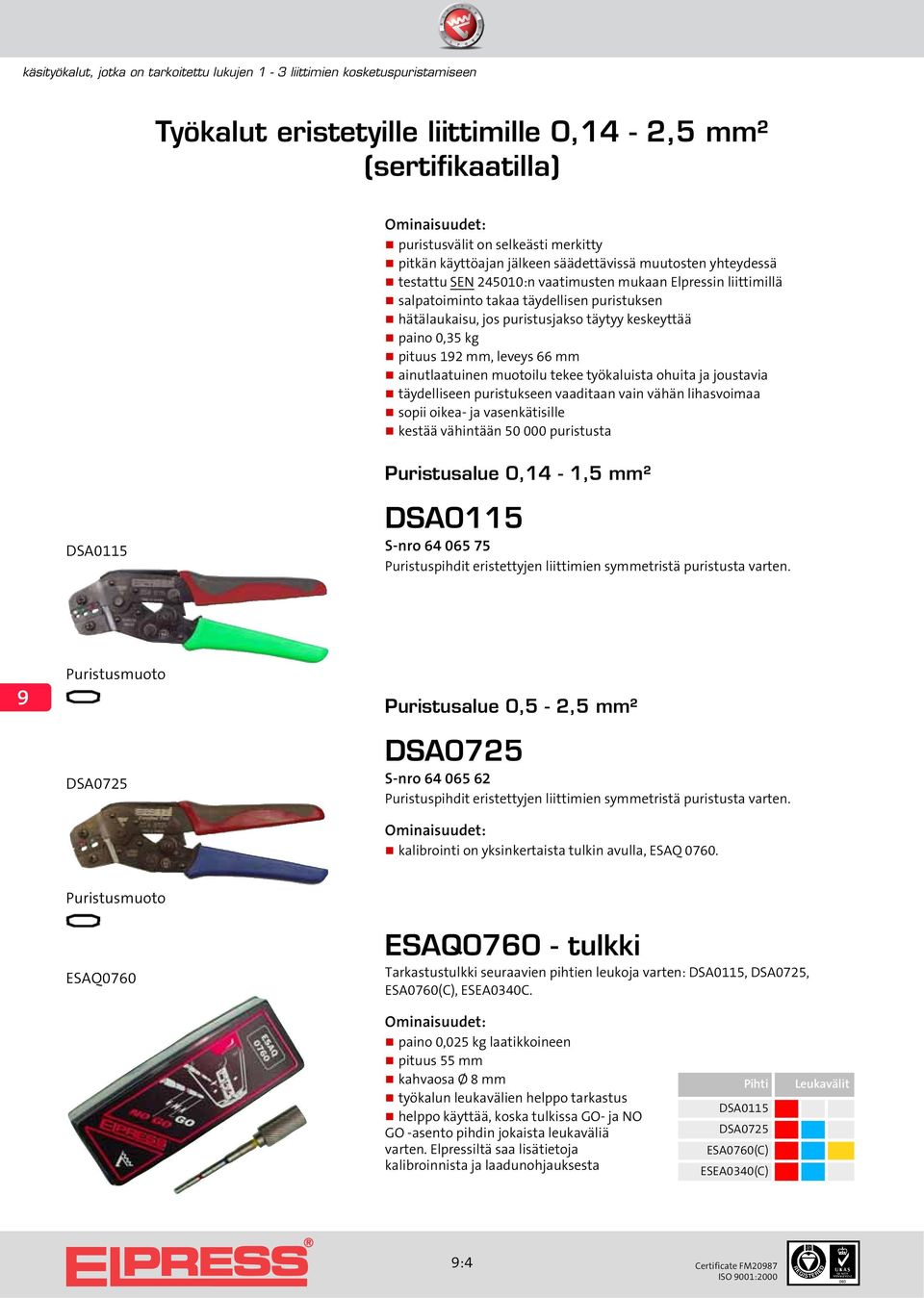 työkaluista ohuita ja joustavia täydelliseen puristukseen vaaditaan vain vähän lihasvoimaa sopii oikea- ja vasenkätisille kestää vähintään 50 000 puristusta Puristusalue 0,14-1,5 mm² DSA0115 DSA0115