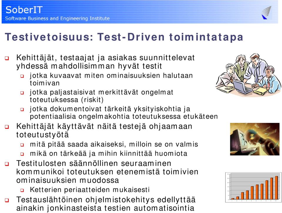 testejä ohjaamaan toteutustyötä mitä pitää saada aikaiseksi, milloin se on valmis mikä on tärkeää ja mihin kiinnittää huomiota Testitulosten säännöllinen seuraaminen kommunikoi toteutuksen
