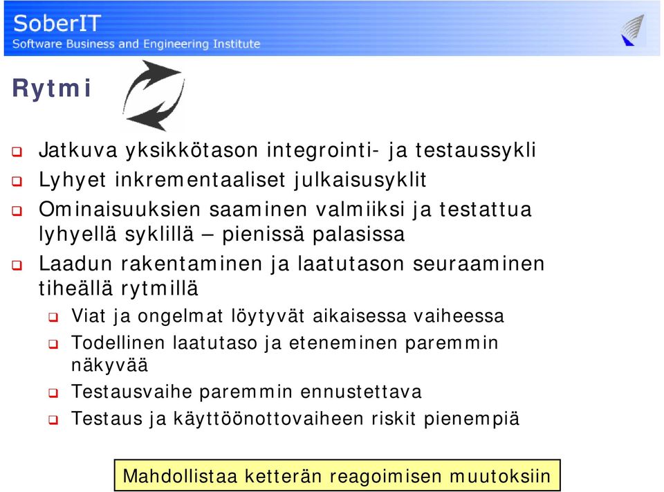 tiheällä rytmillä Viat ja ongelmat löytyvät aikaisessa vaiheessa Todellinen laatutaso ja eteneminen paremmin näkyvää