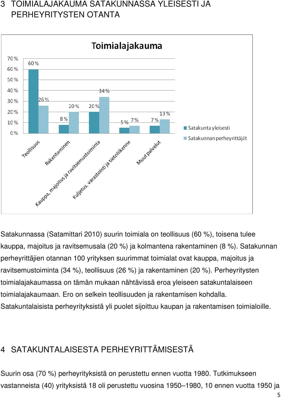 Perheyritysten toimialajakaumassa on tämän mukaan nähtävissä eroa yleiseen satakuntalaiseen toimialajakaumaan. Ero on selkein teollisuuden ja rakentamisen kohdalla.