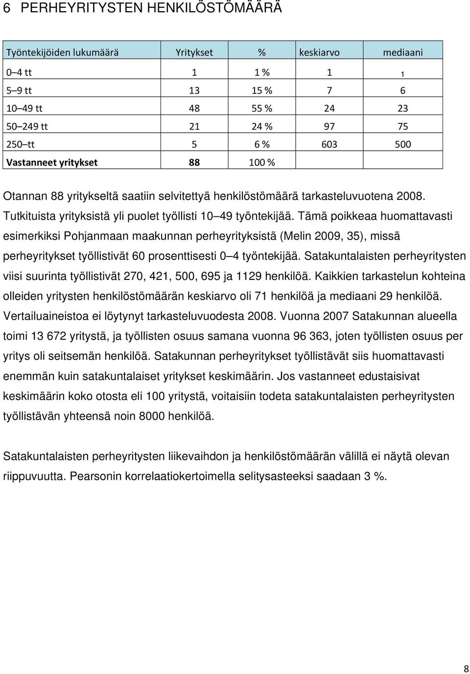 Tämä poikkeaa huomattavasti esimerkiksi Pohjanmaan maakunnan perheyrityksistä (Melin 2009, 35), missä perheyritykset työllistivät 60 prosenttisesti 0 4 työntekijää.