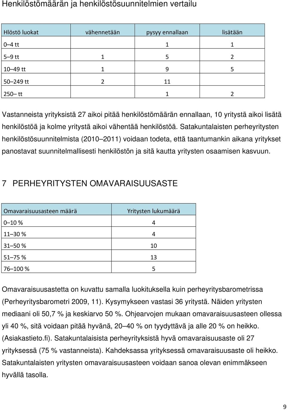 Satakuntalaisten perheyritysten henkilöstösuunnitelmista (2010 2011) voidaan todeta, että taantumankin aikana yritykset panostavat suunnitelmallisesti henkilöstön ja sitä kautta yritysten osaamisen