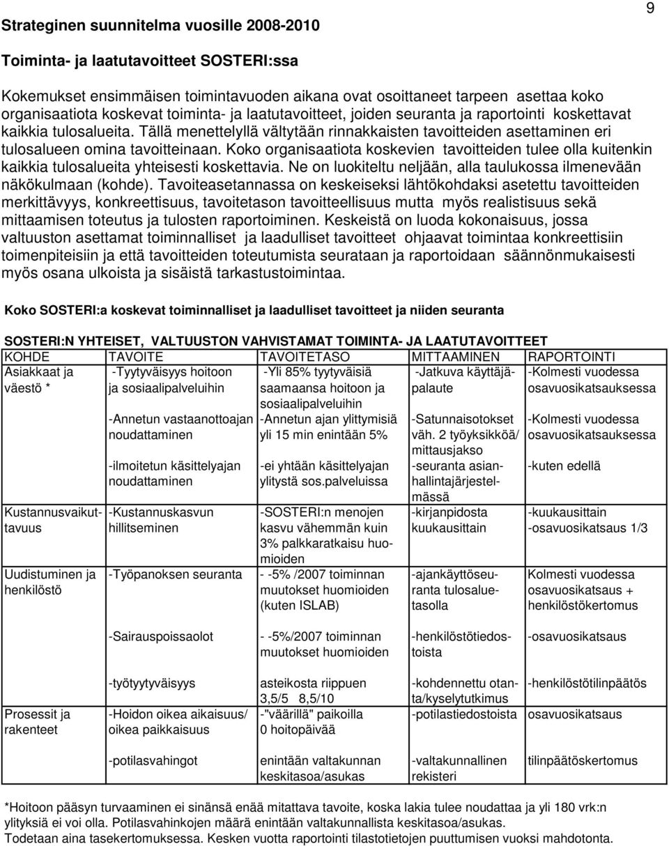 Koko organisaatiota koskevien tavoitteiden tulee olla kuitenkin kaikkia tulosalueita yhteisesti koskettavia. Ne on luokiteltu neljään, alla taulukossa ilmenevään näkökulmaan (kohde).