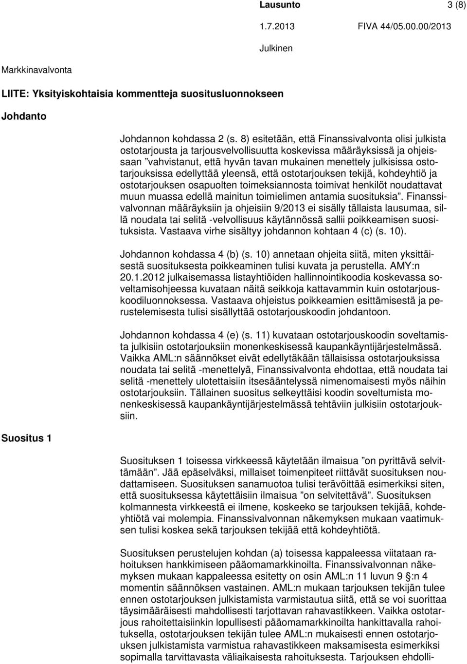 ostotarjouksissa edellyttää yleensä, että ostotarjouksen tekijä, kohdeyhtiö ja ostotarjouksen osapuolten toimeksiannosta toimivat henkilöt noudattavat muun muassa edellä mainitun toimielimen antamia