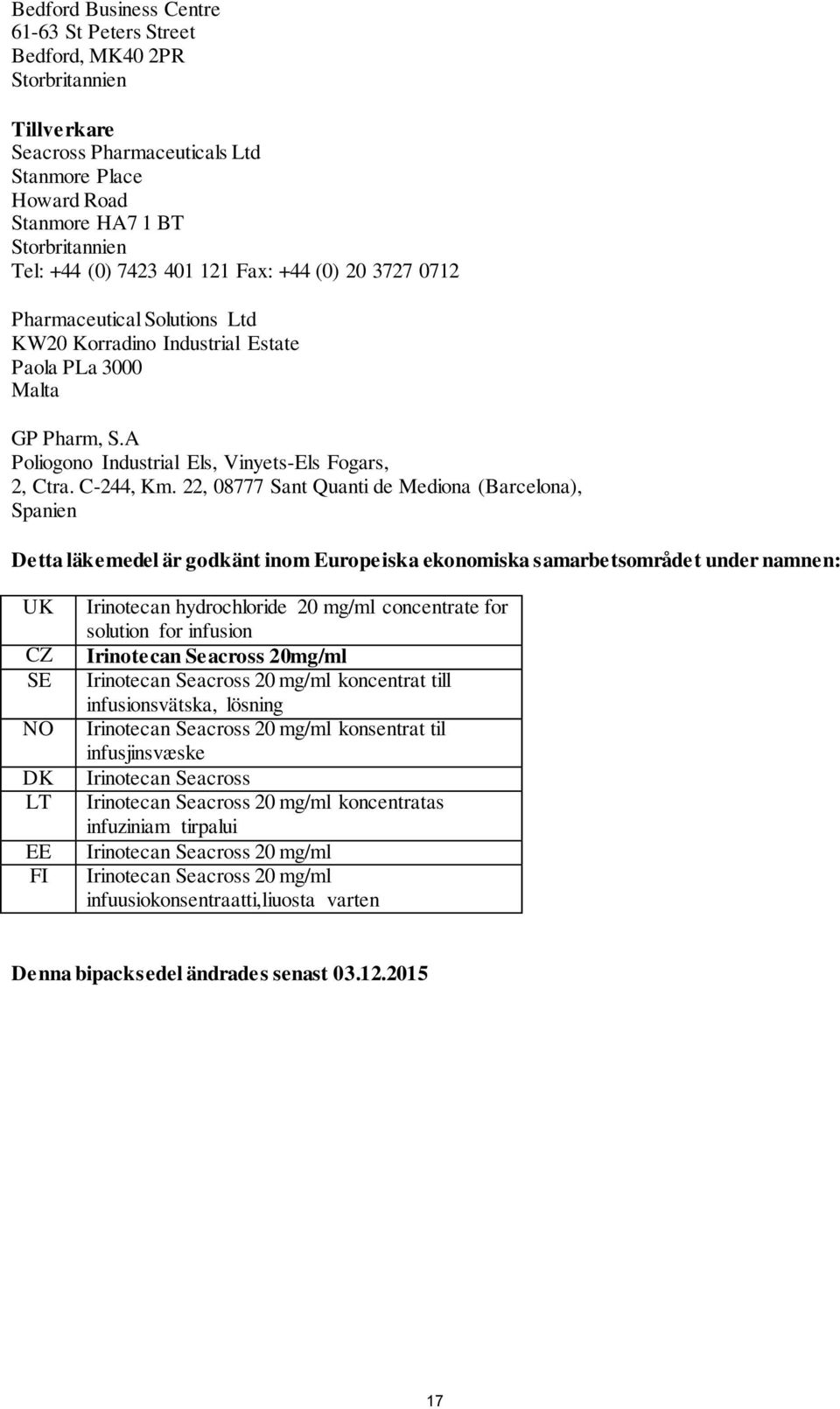 22, 08777 Sant Quanti de Mediona (Barcelona), Spanien Detta läkemedel är godkänt inom Europeiska ekonomiska samarbetsområdet under namnen: UK CZ SE NO DK LT EE FI Irinotecan hydrochloride 20 mg/ml