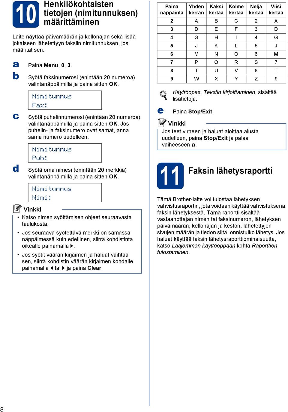 Jos puhelin- j fksinumero ovt smt, nn sm numero uudelleen. Nimitunnus Puh: Syötä om nimesi (enintään 20 merkkiä) vlintnäppäimillä j pin sitten OK.