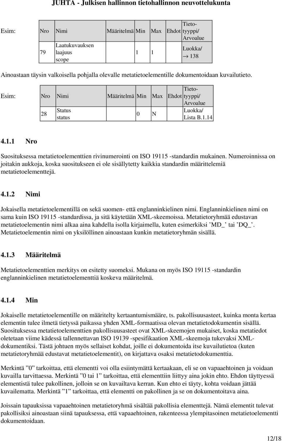 14 4.1.1 Nro Suosituksessa metatietoelementtien rivinumerointi on ISO 19115 standardin mukainen.