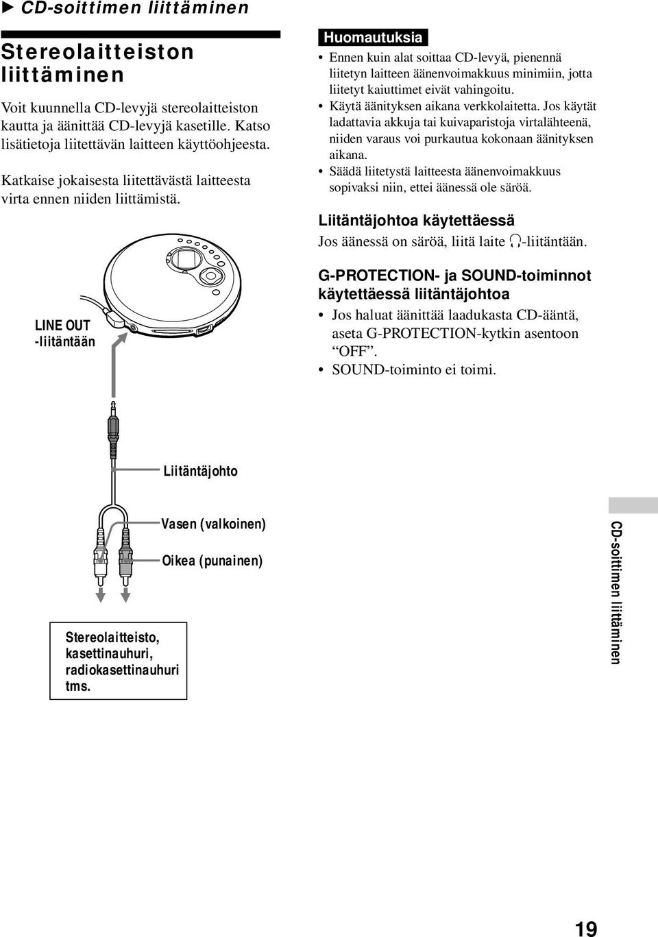LINE OUT -liitäntään Huomautuksia Ennen kuin alat soittaa CD-levyä, pienennä liitetyn laitteen äänenvoimakkuus minimiin, jotta liitetyt kaiuttimet eivät vahingoitu.