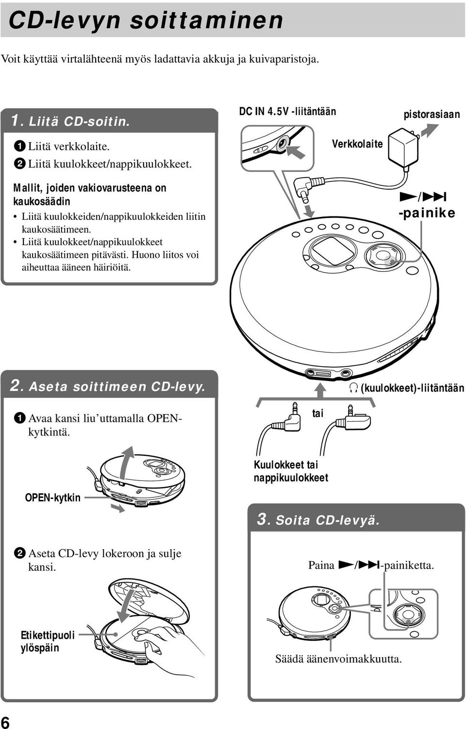 Huono liitos voi aiheuttaa ääneen häiriöitä. DC IN 4.5V -liitäntään Verkkolaite pistorasiaan N/> -painike 2. Aseta soittimeen CD-levy.