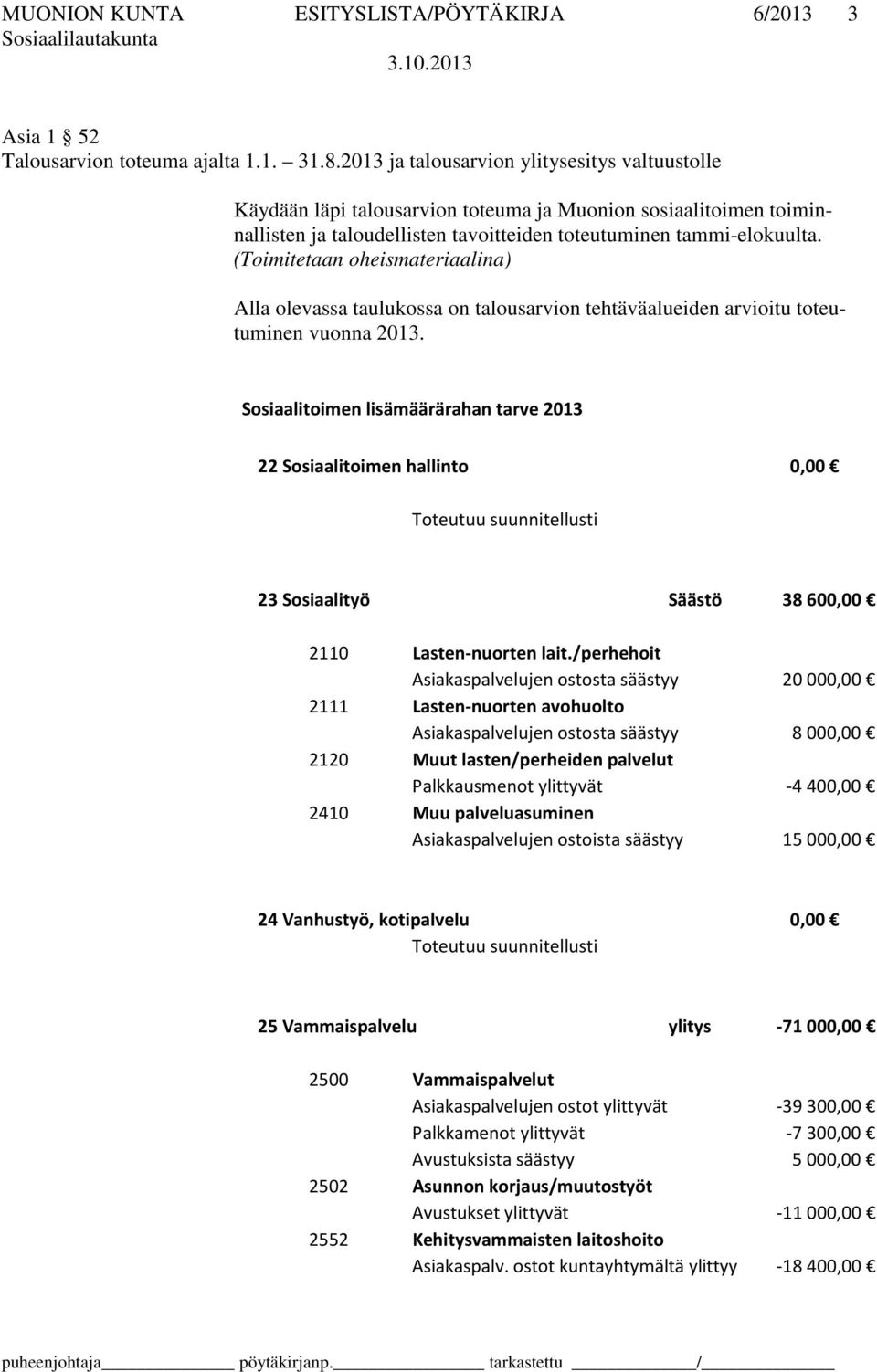 (Toimitetaan oheismateriaalina) Alla olevassa taulukossa on talousarvion tehtäväalueiden arvioitu toteutuminen vuonna 2013.